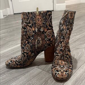 Sam Edelman Woven Pattern Block Heel Ankle Boots in Black and Brown